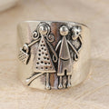 Vintage Couple Motif Wide Band Ring Silver Tone Brass Unisex Retro Statement Jewelry Gift Fashion