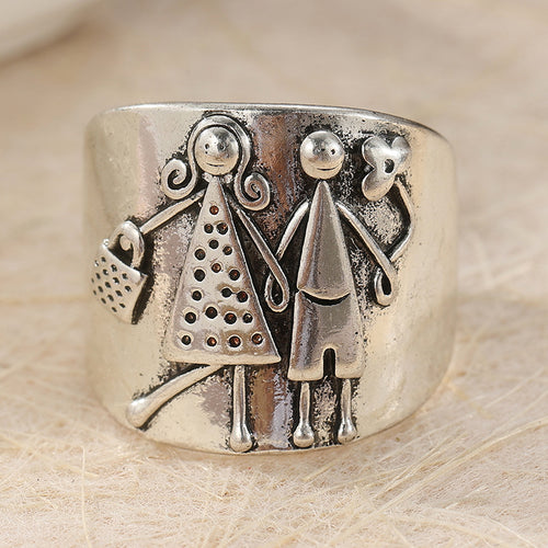 Vintage Couple Motif Wide Band Ring Silver Tone Brass Unisex Retro Statement Jewelry Gift Fashion