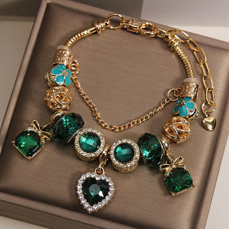 Pulseira Contas Coração Cristal Verde
