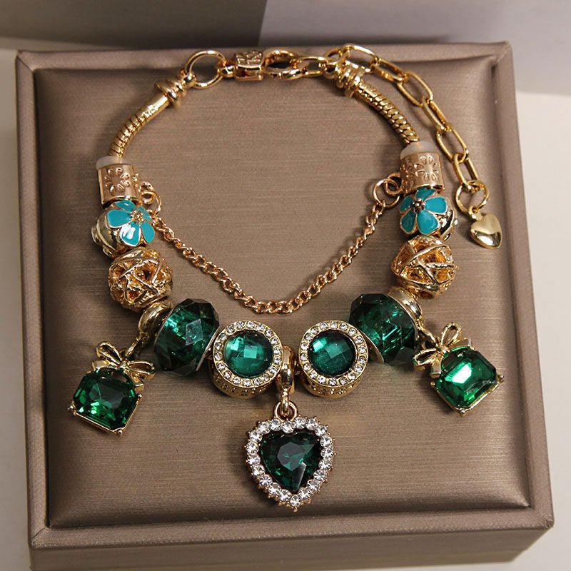 Pulseira Contas Coração Cristal Verde