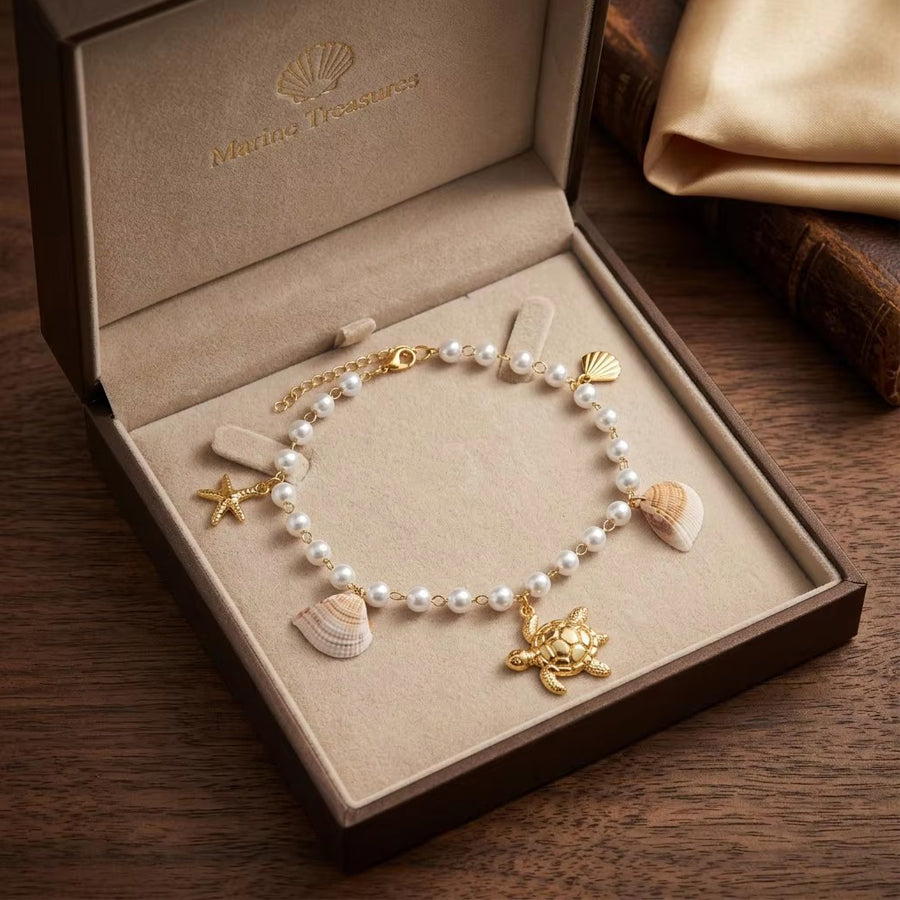 Ocean Beach Theme Anklet Stainless Steel Gold Tone Artificial Pearl Chain Turtle Starfish Natural Shell Charm Adjustable Foot Anklet For Women