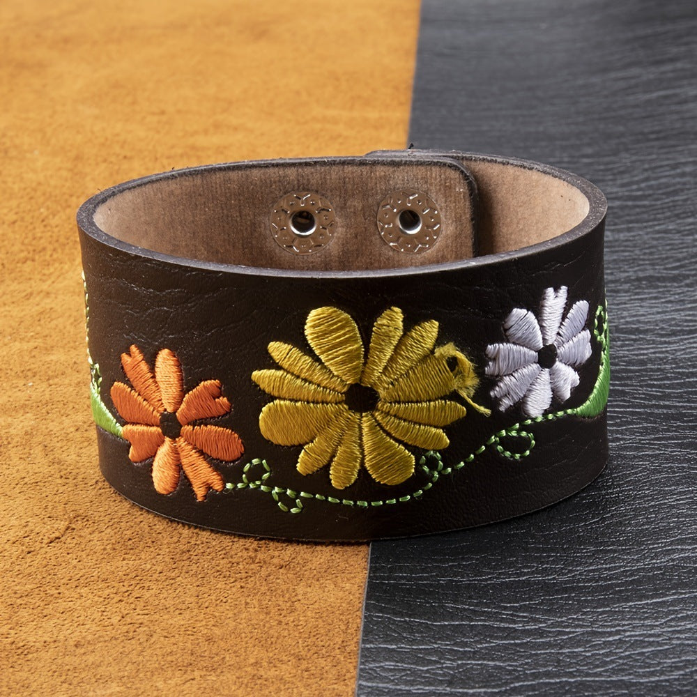 Womens Handwoven Leather Bracelet With Embroidered Flowers