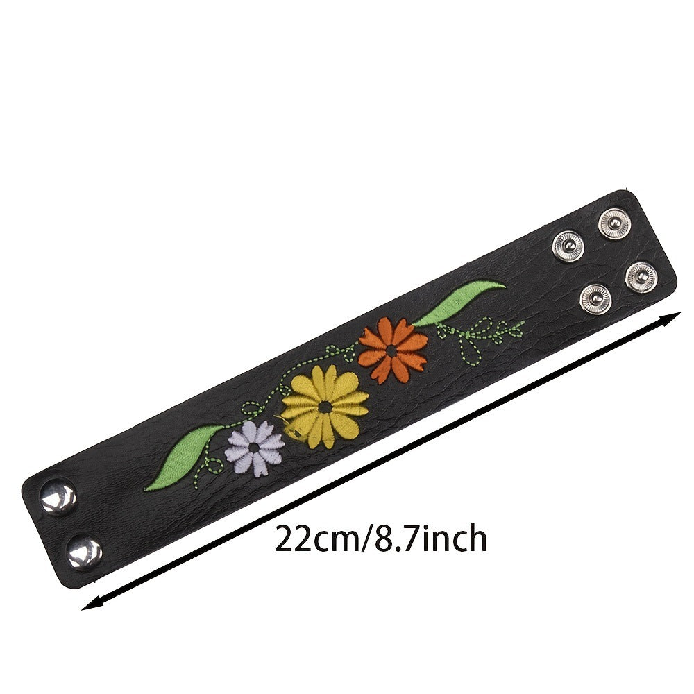Pulseira Pele Sintética Entrançada com Flores Bordadas