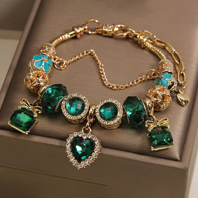 Pulseira Contas Coração Cristal Verde