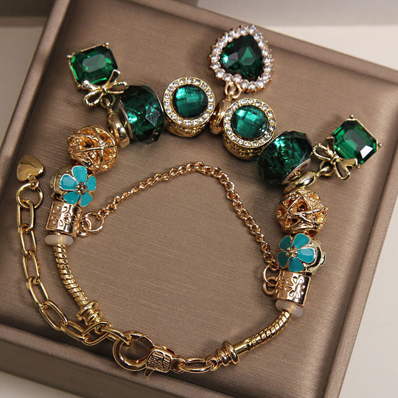 Pulseira Contas Coração Cristal Verde